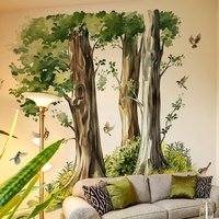 Large Green Tree Bird Wall Sticker Vinyl Watercolor Forest Wallpaper Self-adhesive for Living Room Bedroom Home Wall Decoration