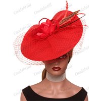 Charming Red Veil Fascinators Feather Wedding Mesh Hat Flower Bride Cocktail Tea Party Headwear Women Hat Headban Hair Accessory