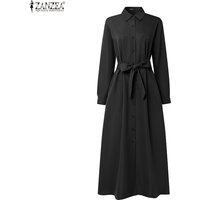 Women's Fashion Belted A-Line Long Dresses Turn-Down Collar Long Sleeve Button Up Shirt Dress ZANZEA Minimalist Solid Robe Femme
