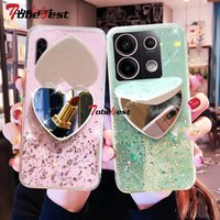 Glitter Heart Mirror Phone Holder Case For Xiaomi Redmi Note 13 12 11 13C 12C Pro Plus 4G 5G Silicone Cover