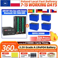 Akumulator Lifepo4 360Ah 3.2V, 10000 cykli, pryzmatyczna ogniwo LFP z możliwością ładowania, zestaw DIY 48V z obudową, z aktywnym balanserem 2A, BMS 16S 200A, maks. 16 sztuk w równoległym połączeniu,