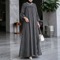 ZANZEA Modest Muslim Dress Abaya Ramadan Robe Kaftan Women Elegant Lantern Sleeve Striped Maxi Dresses Oversize Loose Sundress