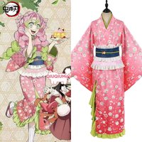 Demon Slayer Kimetsu No Yaiba Cosplay Anime Kanroji Mitsuri Costume for Women Pink Kimono Dress Outfits Carnival Party Disguise