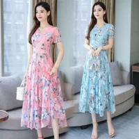 Summer New Floral Print Long Dress Women's V-neck Slimming A- line Skirt Casual Style Ankle-length Polyester Fiber Dress