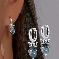 Huitan Multicolored Heart CZ Women Crown Design Drop Earrings for Party Anti Silver Color Vintage Accessories Wedding Jewelry