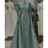 Dubai Sage Green High Neck Long Sleeves Muslim Evening Dresses Customized 2026 Middle East Sparkle Formal Women's Party Gowns