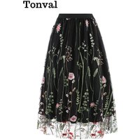 Tonval Floral Embroidered Mesh Overlay Lined Long Skirt Elastic Waist Women Elegant Festival Outfit Summer Vintage Skirts