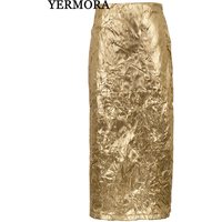 YERMORA High Waist Golden Wrinkle Back Split Half Body Skirt For Women Loose Fit Fashion Tide Spring Summer 2025 New A543
