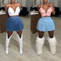 Skirts Denim Pleated Dress Solid Folds Mini Dress Washed Vintage Loose 2024 Sexy Basics Spliced Casual Distressed Zipper Fly