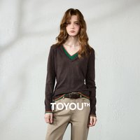 TOYOUTH Women Knit Sweater 2026 Autumn New Double Layer V‑Neck Vintage Color Block Slim Fit Wool Blend Base Layer Tops