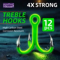 Chinook 12pcs Triple Hook Treble Hooks 4X Strong Sharp High-carbon Steel Fluorescent Green Luminous Fishing Hook