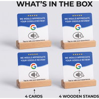 Zestaw 4 akrylowych kart NFC do ocen Google z czterema drewnianymi podstawkami do interaktywnych opinii i recenzji