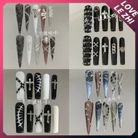 Y2K Hot Girl Long Coffin Tip Handmade Reusable Press On Nail Metal Rivet Chain Spider Web Diamond Bowknot Flower Full Cover Nail
