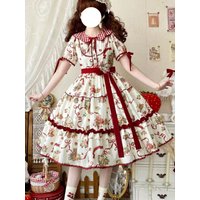 Japanese Princess Sweet Lolita Dress Women Floral Print Puff Sleeve Ruffle Peter Pan Collar Slimming Casual Summer Dress