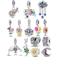 Tulip Lotus Sunflower Dragonfly Grad Dangle Silver Plated Bead Original Charms Fit Bracelets Bag Keychain Charms Diy Women Gift