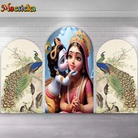 Mocsicka Backdrop Custom 2-Side India Yashoda and Krishna Covers Arch Pink Bow Decor Baby Shower Birthday Party Photo Background