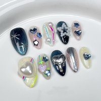 10pcs Mid-length Almond Handmade False Nail Art Y2k Diamond Pearl Design Colorful Nails Tips Sets Press on Wearable Fake Nails