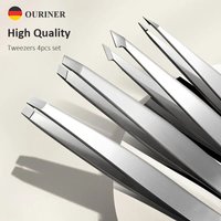 Professional Eyebrow Tweezers Set 4 Pcs, Stainless Steel for Precise Hair Removal - Slant & Pointed Tips for Ingrown Hairs