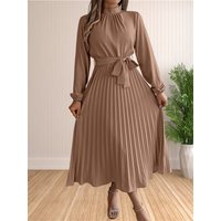 Women's Long Dresses Summer Elegant Pleated Long Sleeveed Lace Up Dresses Beach Boho Wrap Ruffle Hem Swing Sundress