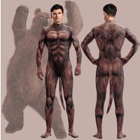 Brown Bear Zentai with Tail Pet Suit Furry 3D Print Cosplay Costume Full Cover Crotch Zipper Jumpsuit Men Zentai Bodysuit