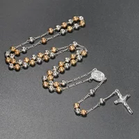 6MM Metal Beads Rosary Necklaces For Women Men Long Chain Crucifix Cross Pendant Necklace Religious Praye Jewelry