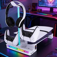 VILCORN Flush-Mount PS5 Slim/Pro Horizontal Stand with Ambient RGB, Low-Profile Cooling Station Blends Seamlessly into TV Unit