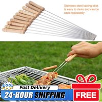 10Pcs Kabob Skewers Stainless Steel 8 Inch Shish Kebob Sticks Reusable with Wooden Handle for Meat Shrimp Chicken Vegetable