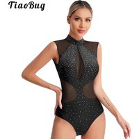 Womens Figure Skating Leotard Ballet Dance Rhythmic Gymnastics Bodysuit Costume Sleeveless Rhinestones Sheer Mesh Dancewear