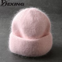 Bonnets en fourrure de lapin doux chaud moelleux chapeau d'hiver pour femmes Angora tricoté chapeau Skullies bonnets femme Bonnet femme tricot casquette