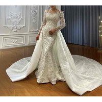 Customized 2026 New Luxury Mermaid Wedding Dress Long Sleeve Satin Pearl Embroidery Decoration Detachable Tail Vestido De Noiva