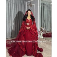Customized Middle Eastern Arab Bridal Gown Red Beaded Glamorous Nikkah Dress Afghan Brides Henna Night Prom Gown Wedding Dress