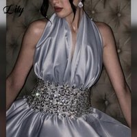Lily Dusty Blue Halter Evening Dress with Sequins Beading Satin Party Dress Pleats A-Line Prom Dress robe de soirée Customized