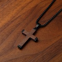 Retro Wooden Cross Necklace for Men Boys Black Walnut & Stainless Steel Christian Wood Crucifix PendantIns Jewelry