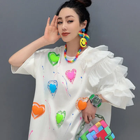 Ruffles Mesh Spliced T-shirt For Women Heart Printed Chic Round-neck Short Sleeve Loose Tees Spring 2025 New