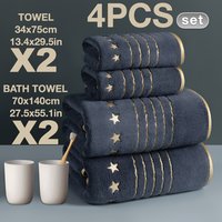 Luxury 4pc Embroidery Towel Set, 2 Bath & 2 Hand Towels, Super Soft for Hotel Spa Home Fitness Camping