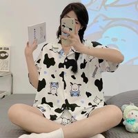2026 Women's cute 2Pcs Printed Summer New Short Sleeved Shorts Pajamas Set Cartoon Women's Cardigan Home Wear Set Soft Clothing