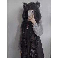 Subculture Gothic Women Cat ears Lolita Y2K Girl Furry stars sparkling Hat Winters pullover Hat Beanie Hat Integrated scarf