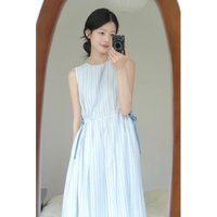 Summer Cool Beach Vacation Style Sleeveless Dress Mint Wave Waist Slimming Blue Stripe Vest Dress Women's mid Waist H Type