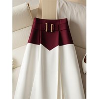 French Elegance Red White Patchwork Design Slit High-waist Swing Mid-length Skirt For Women Luxury Slim Basics A-line Skirts