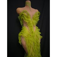 Elegant Sparkly Green Rhinestones Mesh Sheer Ruffle Maxi Dress Celebrate Eveing Birthday Party Nightclub Red Carpet Stage Wear
