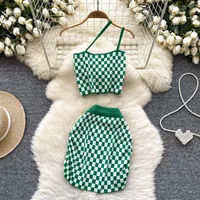 2025 New Vacation Style Plaid Suits Women Strapless Hotsweet Mini Tops+High Waist Bodycon Skirt Fashion Casual Knitted Sets