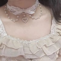 Sweet Cute Lolita Lace Pink Bow Pearl Tassels Heart Pendant Choker for Women Y2K Gothic Princess Necklace Cosplay Party Jewelry