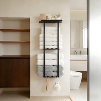 Three-Tiered Golden Towel Holder for The Bathroom ยท Featuring a Shelf And Six Hooks - Designed for Wall Mounting - This Compact
