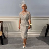 Customized Luxury Tea-Length Mermaid Mother of the Bride Dresses O-Neck Crystal Half Sleeves With Feathers Prom Gown Dress