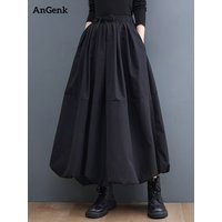 Black Vintage High Waist Pleated Skirt Women Plus Size Fashion Drawstring Loose Casual Long Skirts Clothing Spring Autumn 2026