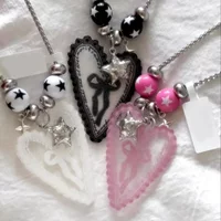 Fashionable Heart Shaped Bowknot Pendant Necklace Lightweight Acrylic Beads Elegant Birthday Gift For Teen Girls