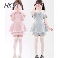 Japanese Mine Punk Style Mini Dress Women Lace Off Shoulder Waist Doll Collar Black Dress Ruffle Shorts Two Pieces Sets Dress
