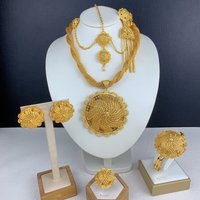 Ethiopian 24k Gold Plated Jewelry Set For Woman's African Indian Big Pendant 6PCS Necklace Wedding Engagement Party Gifts