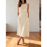 2026 Women White High Waist Sleeveless Midi Dress Side Button Pocket Elegant Office Casual Holiday Dresses Women's Dresses