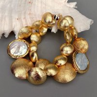 KKGEM 2 Strands 15-20-26mm Gold Plated Brushed Bead Freshwater Cultured White Coin Pearl Bracelet Women Wedding Jewelry
